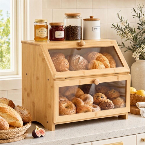 Artiss Bamboo Bread Box 2-Tier Kitchen Countertop Storage 39cm Natural