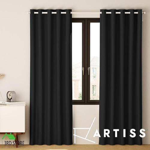 Artiss 2X Blockout Curtains Blackout Window Curtain Eyelet 180x213cm Black