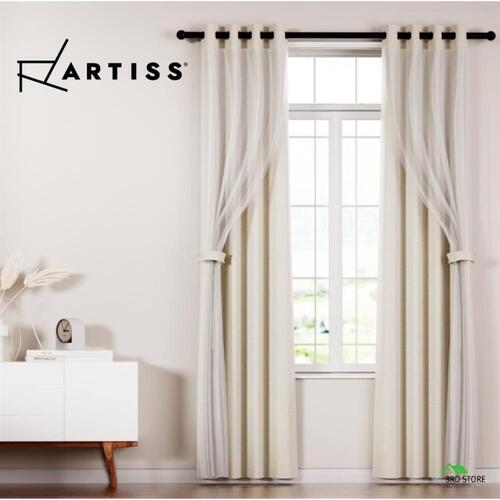 Artiss 2X Blockout Sheer Curtains Blackout Window Eyelet 132x160cm Beige