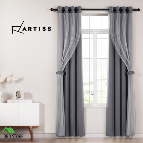 Artiss 2X Blockout Sheer Curtains Blackout Window Eyelet 132x213cm Charcoal