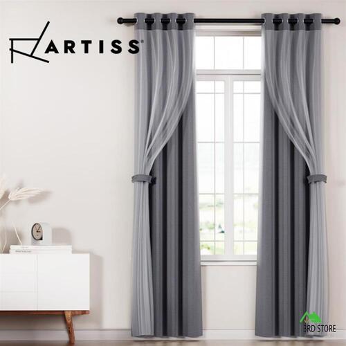 Artiss 2X Blockout Sheer Curtains Blackout Window Eyelet 132x242cm Charcoal