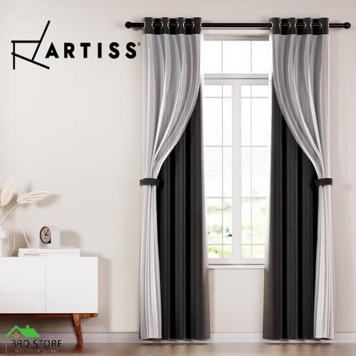 Artiss 2X Blockout Sheer Curtains Blackout Window Eyelet 132x274cm Black