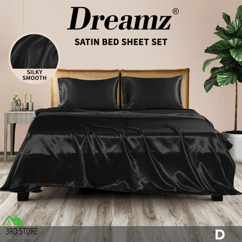 DreamZ Silky Satin Sheets Fitted Flat Bed Sheet Pillowcases Summer Double Black