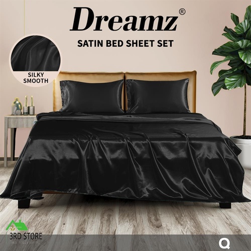 DreamZ Silky Satin Sheets Fitted Flat Bed Sheet Pillowcases Summer Queen Black