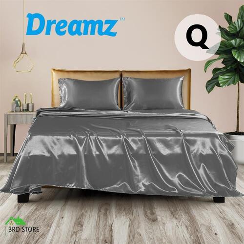 DreamZ Silky Satin Sheets Fitted Flat Bed Sheet Pillowcases Summer Queen Grey