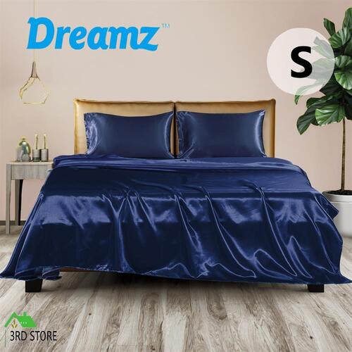 DreamZ Silky Satin Sheets Fitted Flat Bed Sheet Pillowcases Summer Single Blue