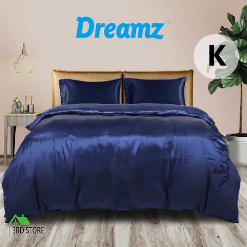 DreamZ Silky Satin Quilt Cover Set Bedspread Pillowcases Summer King Blue