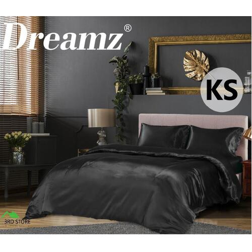 DreamZ Silky Satin Quilt Cover Set Bedspread Pillowcases Summer King Single Black