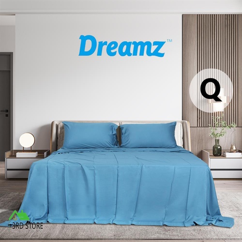 Dreamz 4pcs Queen Size 100% Bamboo Bed Sheet Set in Blue Colour