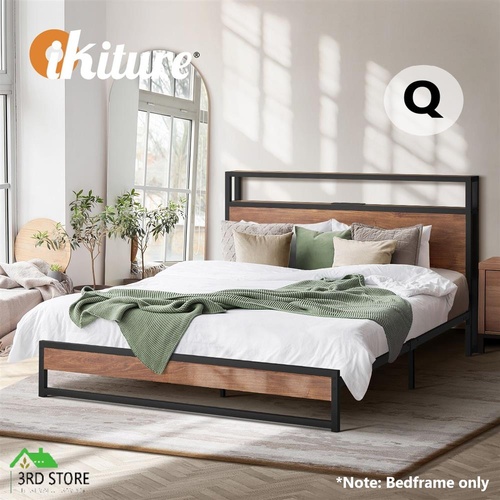 Oikiture Metal Bed Frame Queen Size with LED Headboard Charging Port