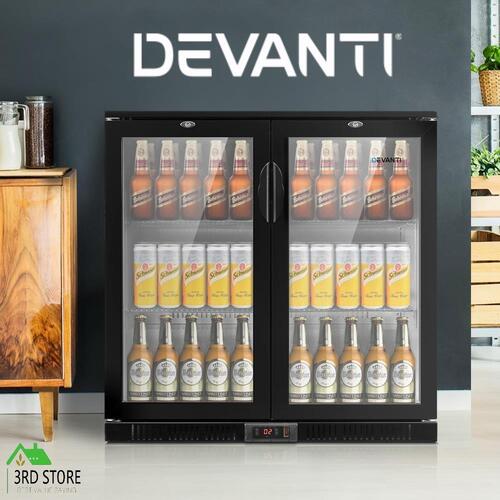 RETURNs Devanti 198L Bar Fridge Dual Glass Door Mini Freezer Refrigerator w/Light Black