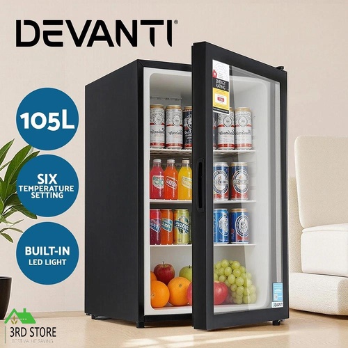 Devanti 105L Bar Fridge Glass Door Mini Fridge Countertop Cooler Black
