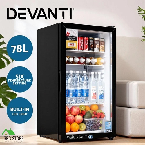 Devanti 78L Bar Fridge Glass Door Mini Fridge Countertop Cooler Black