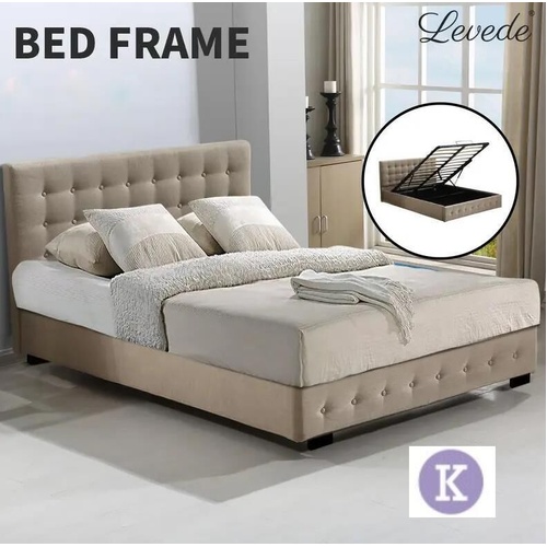 Levede Fabric Gas Lift Bed Frame with Storage Capacity King Size Beige