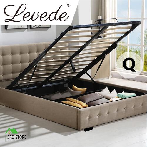 Levede Bed Frame Base With Gas Lift Queen Size Platform Fabric Beige