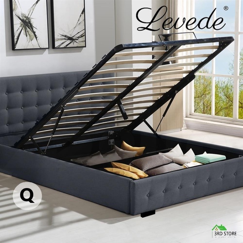 Levede Gas Lift Bed Frame Fabric Base Mattress Storage Queen Size Dark Grey