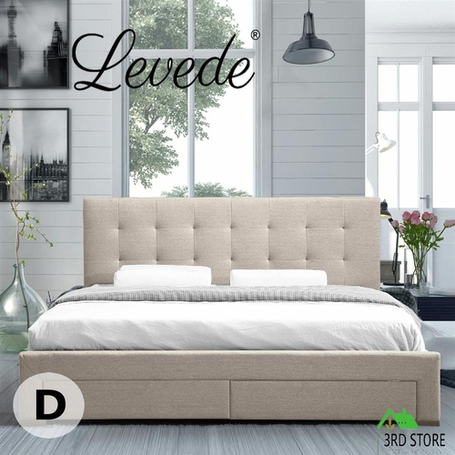 Levede Bed Frame Base With Storage Drawer Mattress Wooden Fabric Double Beige