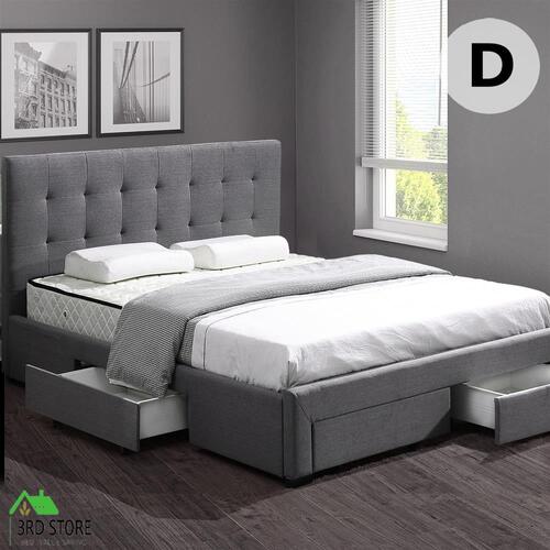 Levede Bed Frame Base With Storage Drawer Mattress Wooden Fabric Double Grey
