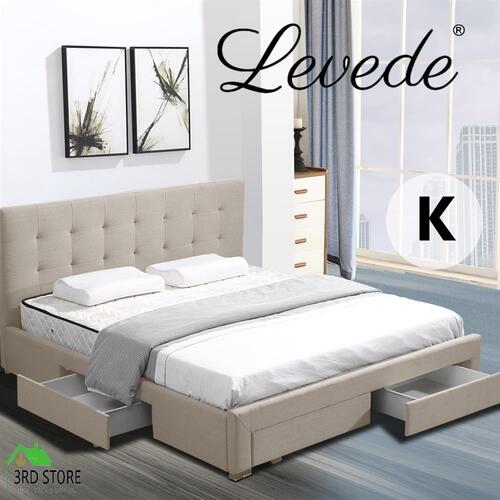 Levede Bed Frame KING Fabric With Drawers Storage Wooden Mattress Beige