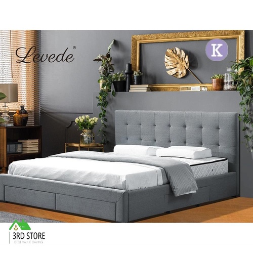 Levede Bed Frame King Fabric With Drawers Storage Wooden Mattress Grey