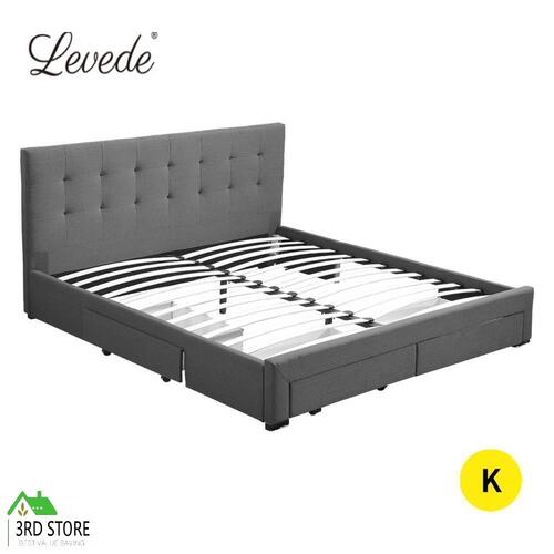 RETURNs Levede Bed Frame King Fabric With Drawers Storage Wooden Mattress Grey