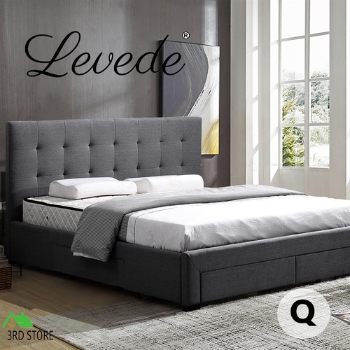 Levede Bed Frame Base With Storage Drawer Mattress Wooden Fabric Queen Dark Grey