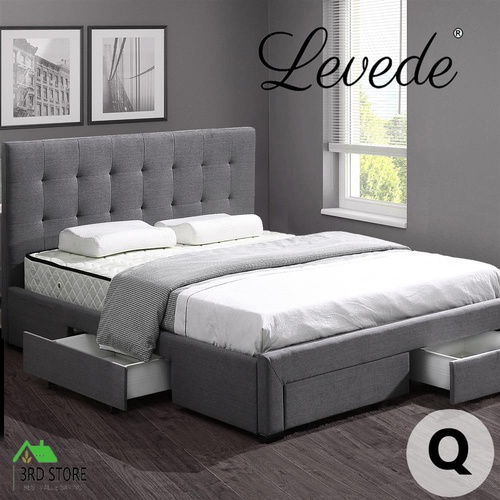RETURNs Levede Bed Frame Queen Fabric With Drawers Storage Wooden Mattress Grey
