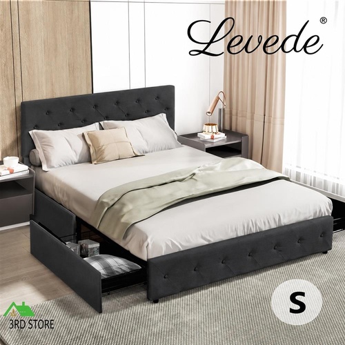 Levede Single Bed Frame Fabric Tufted 4 Drawers Storage Wooden Mattress Grey