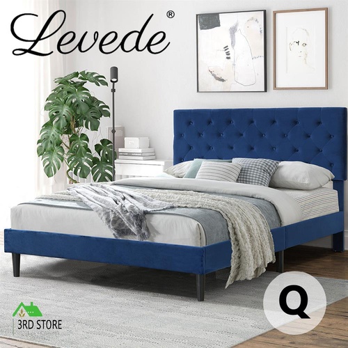 RETURNs Levede Bed Frame Queen Size Mattress Base Platform Wooden Velevt Headboard Blue