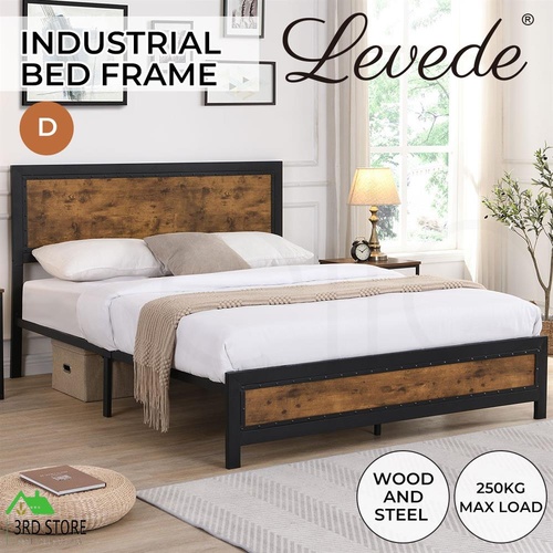 Levede Metal Bed Frame Mattress Base Platform Wooden Rivets Drawers Double