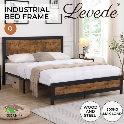 Levede Metal Bed Frame Mattress Base Platform Wooden Rivets Drawers Queen