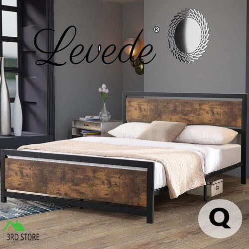 Levede Metal Bed Frame Mattress Base Platform Wooden Industrial Queen Rustic