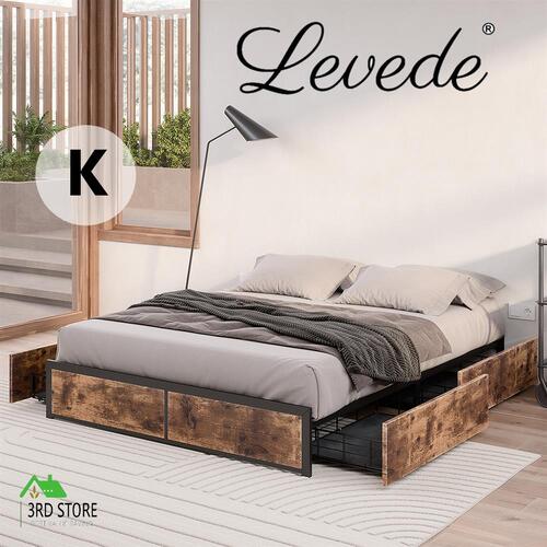 Levede Metal Bed Frame Mattress Base Platform Wooden 4 Drawers King Rustic
