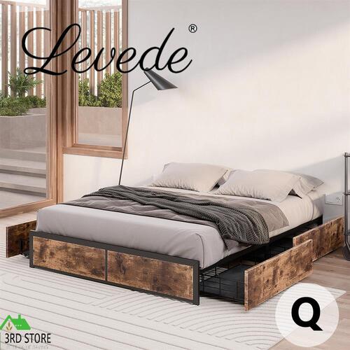 Levede Metal Bed Frame Mattress Base Platform Wooden 4 Drawers Queen