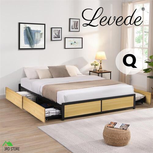 evede Bed Frame Double Queen King Industrial Wooden Metal Mattress Base OAK