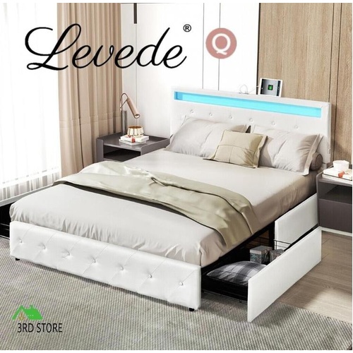 Levede Queen Bed Frame RGB LED PU Leather Mattress Base 4 Drawer USB Charge