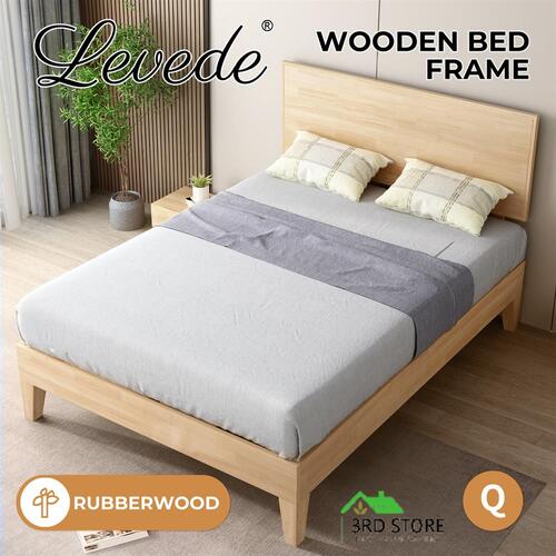 Levede Bed Frame Queen Rubberwood Headboard Solid Wood Mattress Base