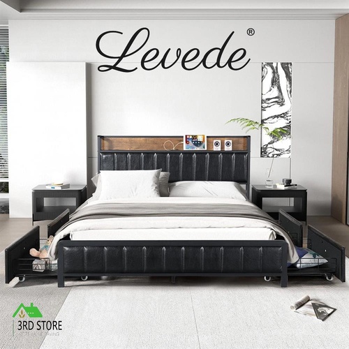 Levede Queen Bed Frame PU Mattress Base Storage Drawer Headboard USB Charge