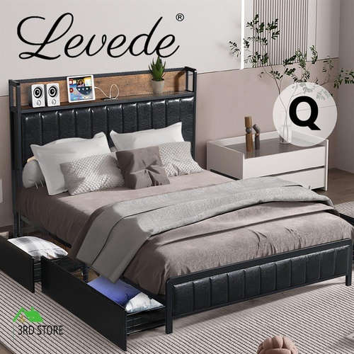 RETURNs Levede Queen Bed Frame PU Mattress Base Storage Drawer Headboard USB Charge