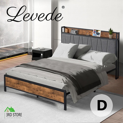 Levede Double Bed Frame Industrial Tufted Noise Free Headboard USB Charge
