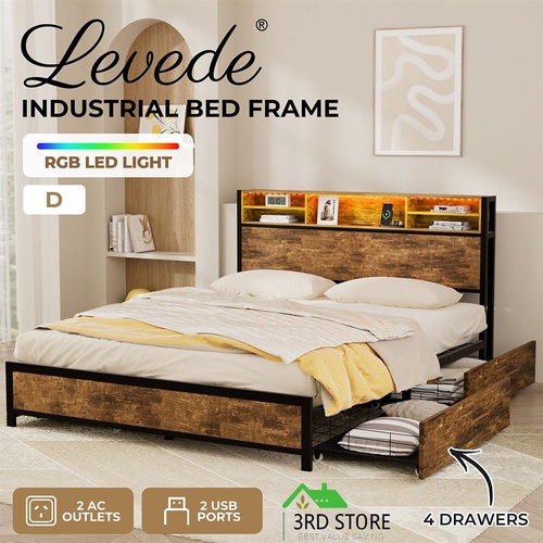 Levede Double Queen Bed Frame RGB LED 4 Storage Drawers USB Charge Headboard