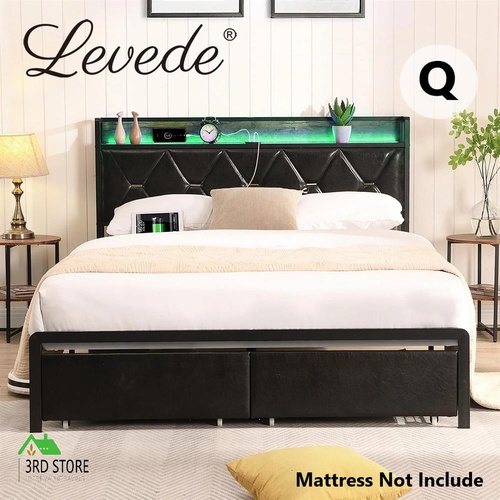 Levede Queen Metal Bed Frame with PU Leather Headboard 2 Drawers RGB LED Light