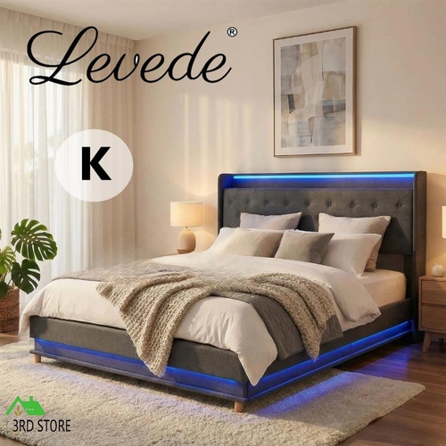 Levede King Bed Frame LED Light Gas Lift Storage Headboard USB Charging