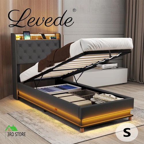 Levede Single Bed Frame LED Light Gas Lift Storage Headboard USB Charging