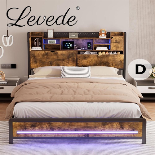 Levede Double Bed Frame Storage Headboard Industrial RGB Light LED Charging