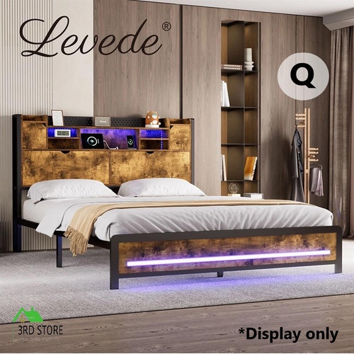 Levede Queen Bed Frame Storage Headboard Shelf Industrial RGB Light LED Charging