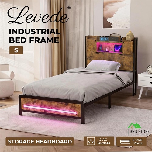 Levede Single Bed Frame Storage Headboard Industrial RGB Light LED Charging