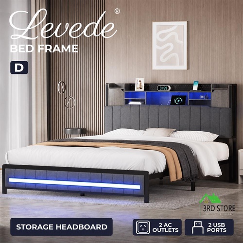 Levede Double Bed Frame Storage Headboard RGB LED USB Upholstered Wooden