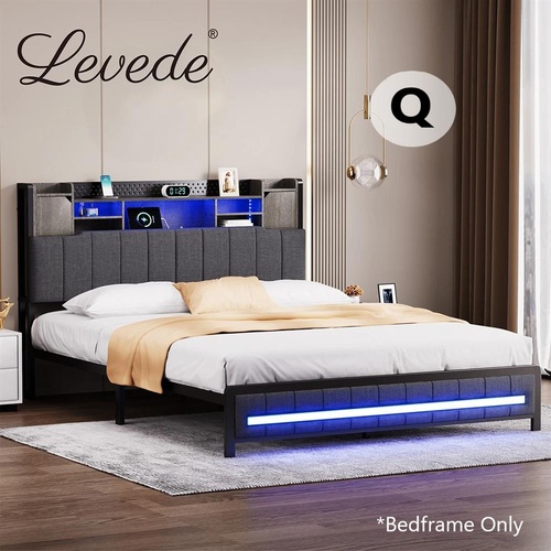 Levede Queen Bed Frame Linen Upholstered Storage Headboard LED Charging 2 Ports