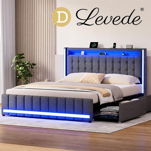 Levede Double Bed Frame Headboard RGB LED Lights 4 Drawer USB Charge Grey